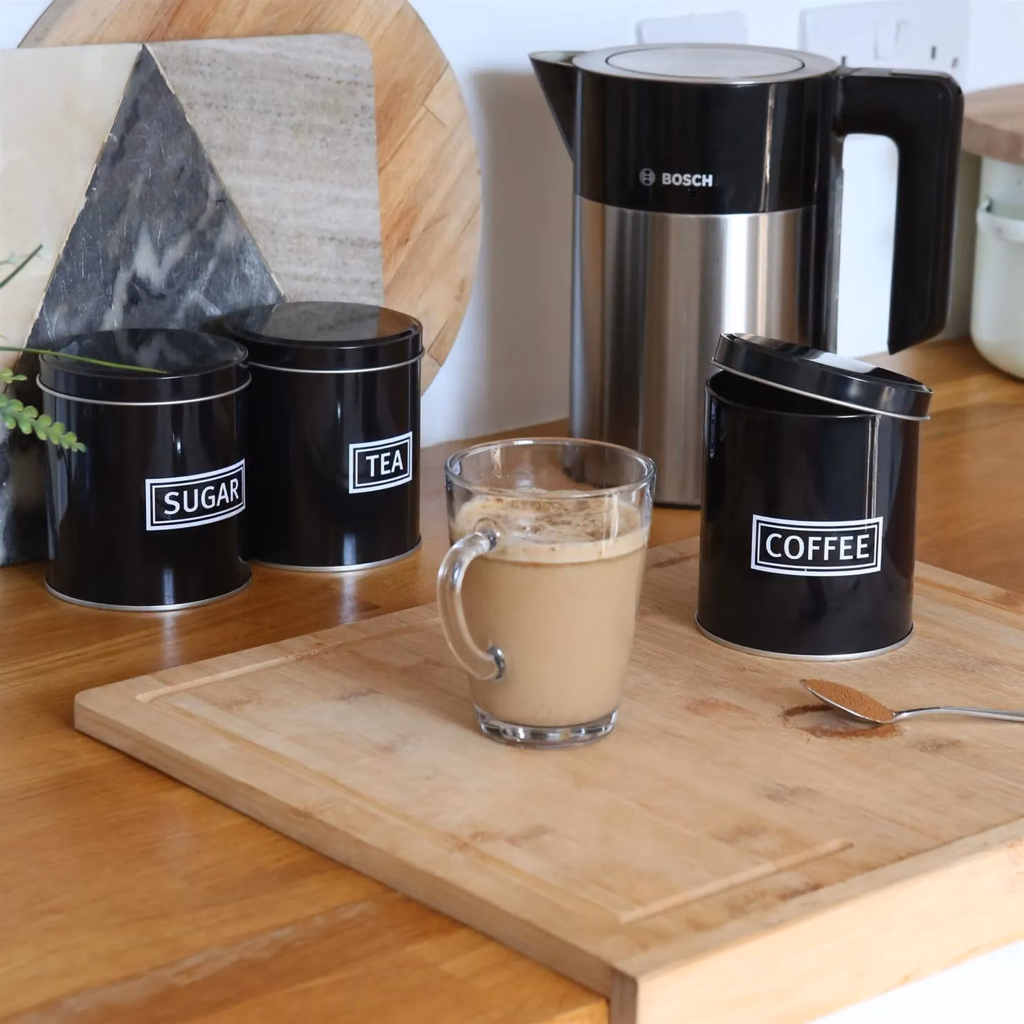 Harbour Housewares 3pc Airtight Metal Tea Coffee Sugar Canister Set in Black – 3