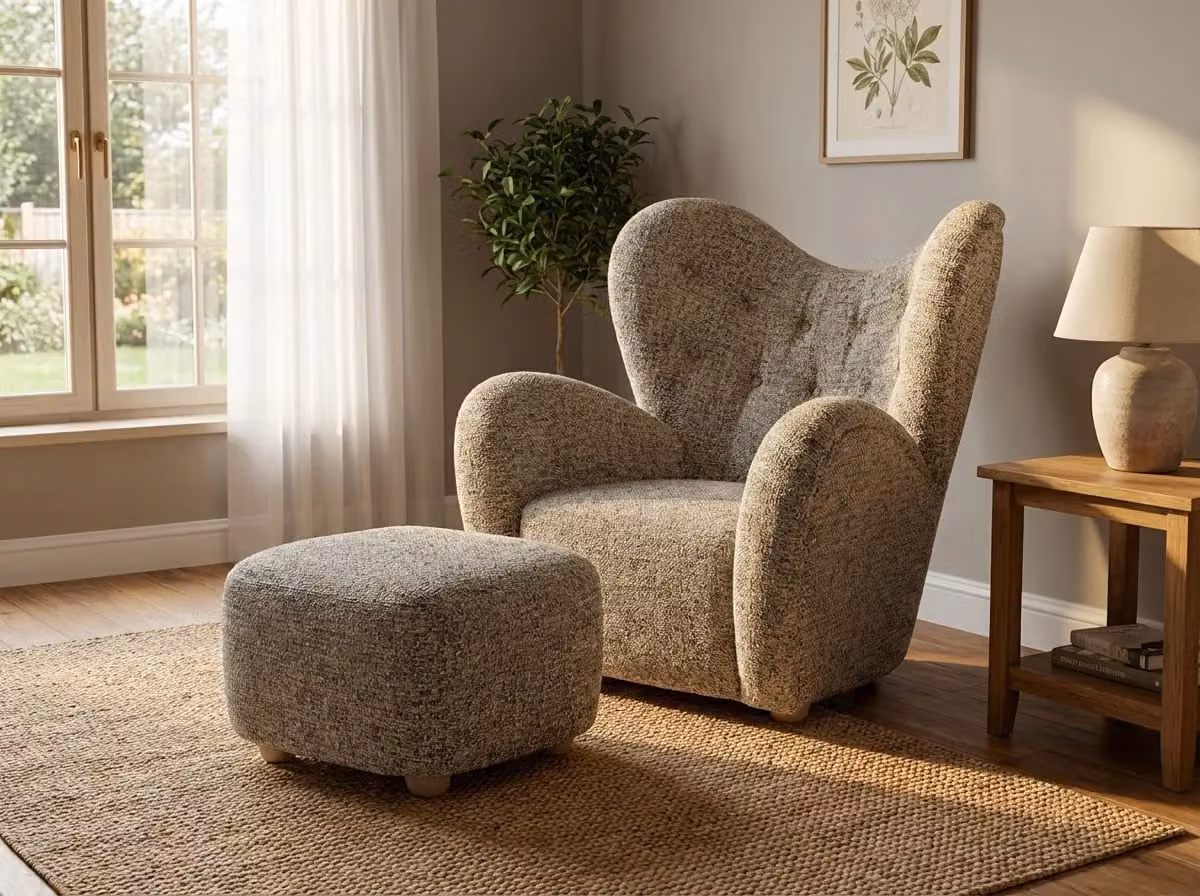 Araco Atelier Teddy Armchair in Beige Bouclé Fabric with Ottoman