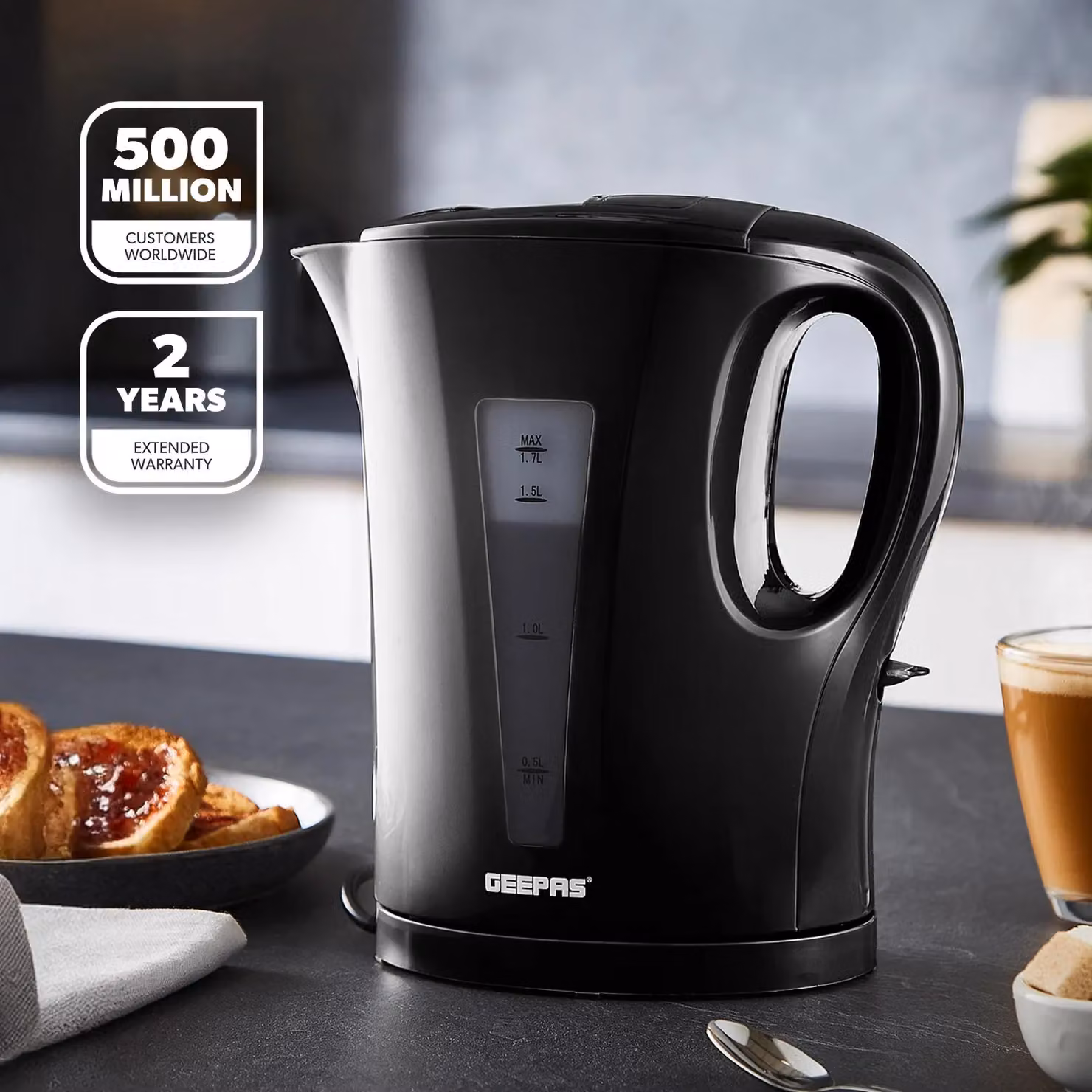 Geepas 1.7 l Cordless Electric Kettle with Rapid Boil 2200W in Black – 2