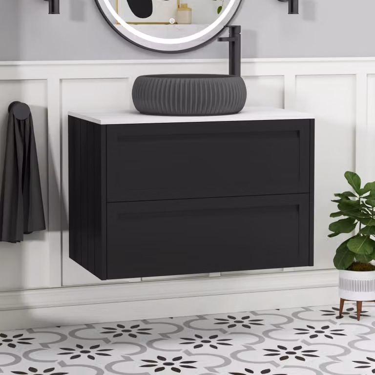 Royal Bathrooms Elmore Wall Hung Vanity Unit with 2 Drawers and Milan Black Basin, Matt Nocturne Black, Width: 80 cm