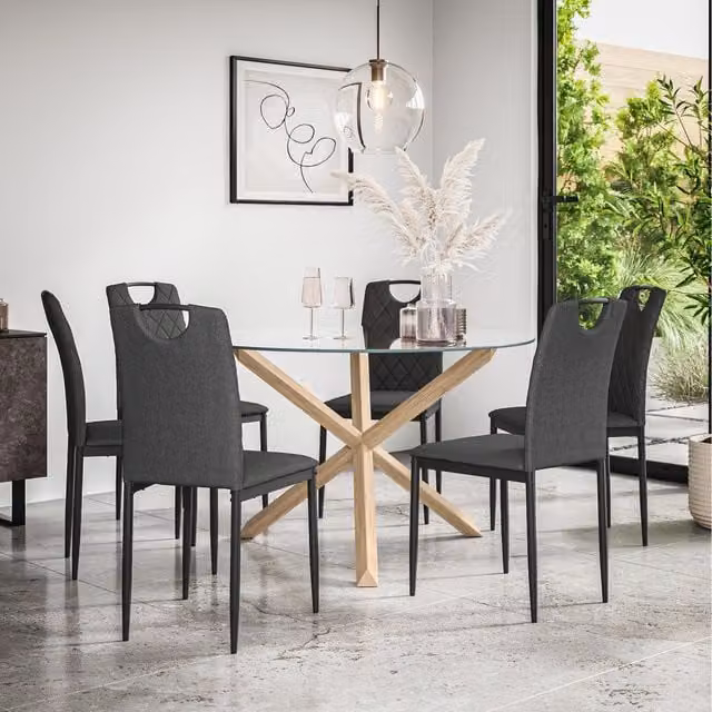 More4Homes Malvern Round Glass Dining Table Set with Solid Oak Legs and 6 Monza Linen Chairs in Charcoal Grey, W/D/H: 120 x 120 x 75 cm