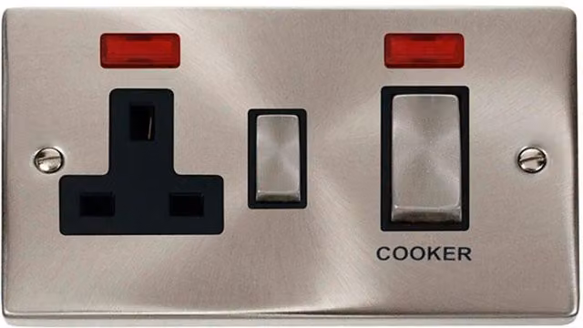 SE Home Satin Brushed Chrome Cooker Control Unit with 13A Switched Plug Socket and 2 LED Neons in Metallic Silver