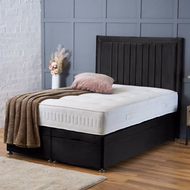 BSSPOKE Canes Ottoman Divan Bed with 54 inch Headboard and Mattress in Black Plush Velvet, W/D/H: 140 x 200 cm