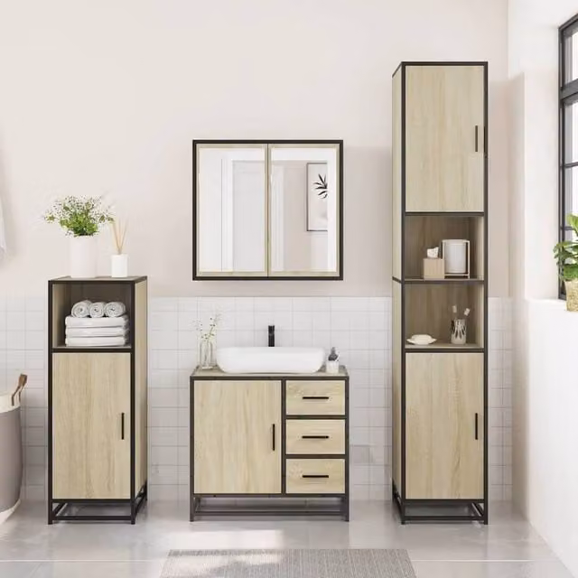 Berkfield Home 3 Piece Industrial Bathroom Furniture Set in Brown Sonoma Oak – 1