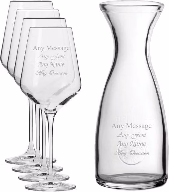 Uniqueful Personalised Engraved Set of 4 Infinity Wine Glasses and 1 Litre Carafe in Clear Glass