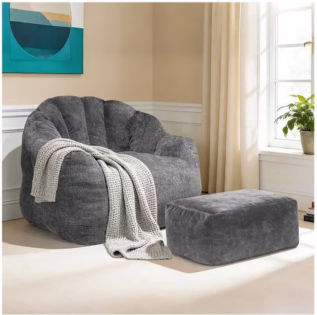 Aosom Grey Oversized Ergonomic Bean Bag Chair with Full-Body Segmented Support, W: 99 cm, D: 86.5 cm, H: 64.5 cm – 1