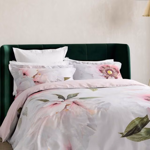 Ted Baker Peony Floral Reversible Double Duvet Cover and Pillowcase Set, Grey, Pink and White, 140 x 200 cm – 1
