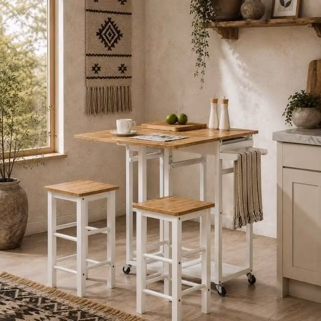 Wyld Haus Bamboo Drop Leaf Kitchen Island Set with 2 Stools, Drawers and Towel Rack, White, H 86.0 x W 75.5 x D 83.5 cm – 1