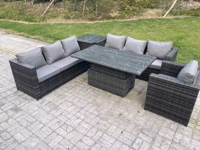 Fimous 7 Seater Rattan Garden Furniture Set with Adjustable Rising Lifting Dining Table and Armchairs in Dark Grey