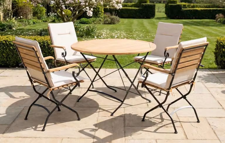 MINT Outdoor Sicily 4 Seater Teak and Wrought Iron Round Garden Dining Set, Beige, Diameter: 110 cm