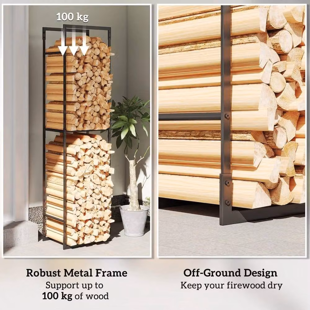 EONLION Black Metal Freestanding Firewood Rack with Adjustable Shelves, W: 100 cm, H: 170 cm – 3