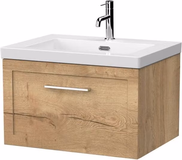 Balterley Stonnall Wall Mounted 1 Drawer Vanity Unit and 1TH Fireclay Basin in Autumn Oak Brown, Width: 60 cm