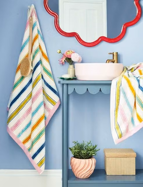 LAND & SHORE Striped Pure Cotton Terry Velour Towel in Blue and Multicolour