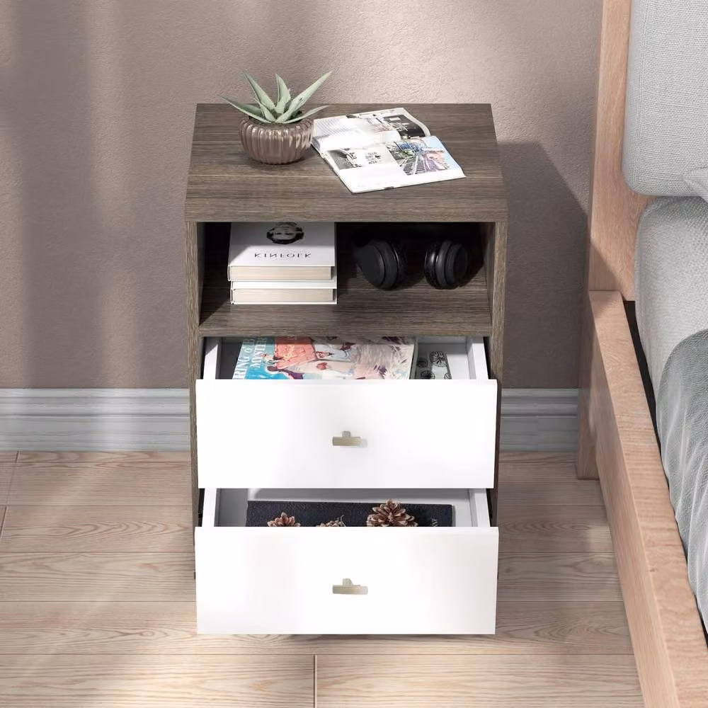 Wyld Haus Cosana Scandinavian Bedside Table with Drawers and Open Shelf in Grey and White – 8