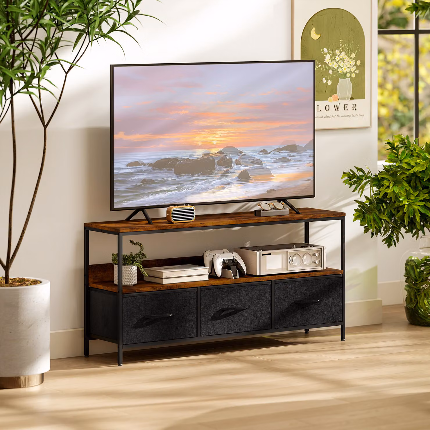 HOMCOM TV Stand Cabinet with 3 Foldable Drawers in Rustic Brown – 2