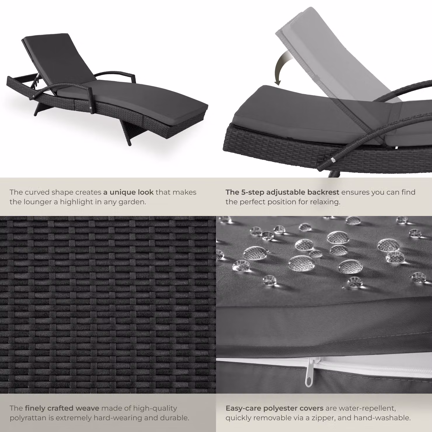 tectake Océane 1 Seater Aluminium Rattan Sun Lounger in Black and Grey with Adjustable Headrest – 5