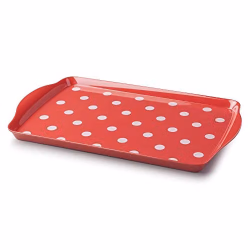 Zeal Melamine Dotted Rectangular Serving Tray with Handles, Red, W: 39 cm, D: 24 cm – 1