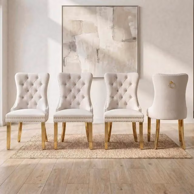 HomeTouch Set of 4 Lux Velvet Dining Chairs with Gold Metal Legs in Beige