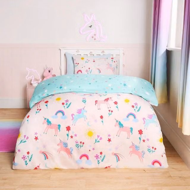 OHS Reversible Unicorn Magic Pink Childrens Duvet Cover, 90 x 190 cm