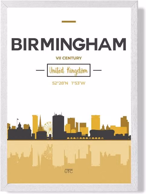 ARTZE Birmingham City Skyline Framed Print in Yellow, Black and White