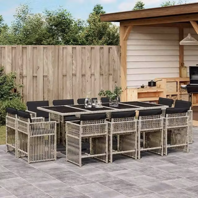 Berkfield Home 13 Piece Garden Dining Set with Light Grey Poly Rattan Cushions – 1