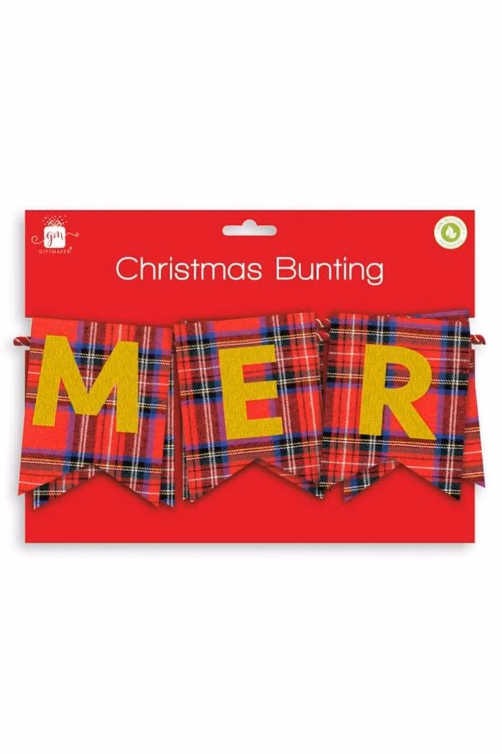 KDMD 2 Pack Red Checked Fabric Merry Christmas Bunting with Gold and Yellow Letters – 2