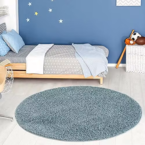 THE RUGS Round Shaggy High Pile Rug, Duck Egg Blue, Diameter: 120 cm