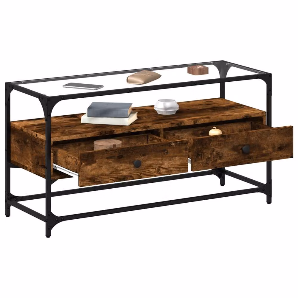 Berkfield Home Industrial TV Cabinet with Glass Top in Smoked Oak Brown, W/D/H: 98 x 35 x 51 cm – 3