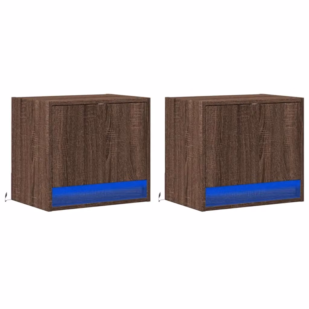 Berkfield Home Set of 2 Wall-mounted Bedside Cabinets with Integrated LED Lights in Brown Oak – 2