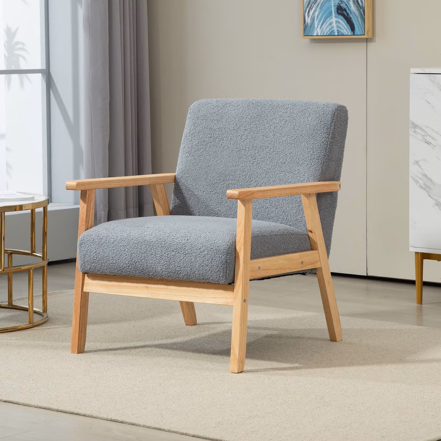 HOMCOM Grey Accent Chair with Solid Pine Wood Frame and Thick Fabric Cushions – 2