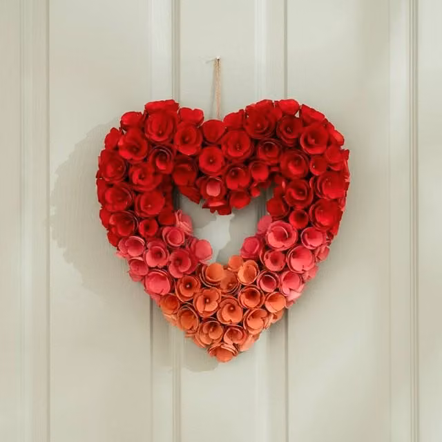 Scottish Everlastings Ltd Red Ombre Rose Wood Shave Heart Hanging Wreath, Diameter: 34 cm