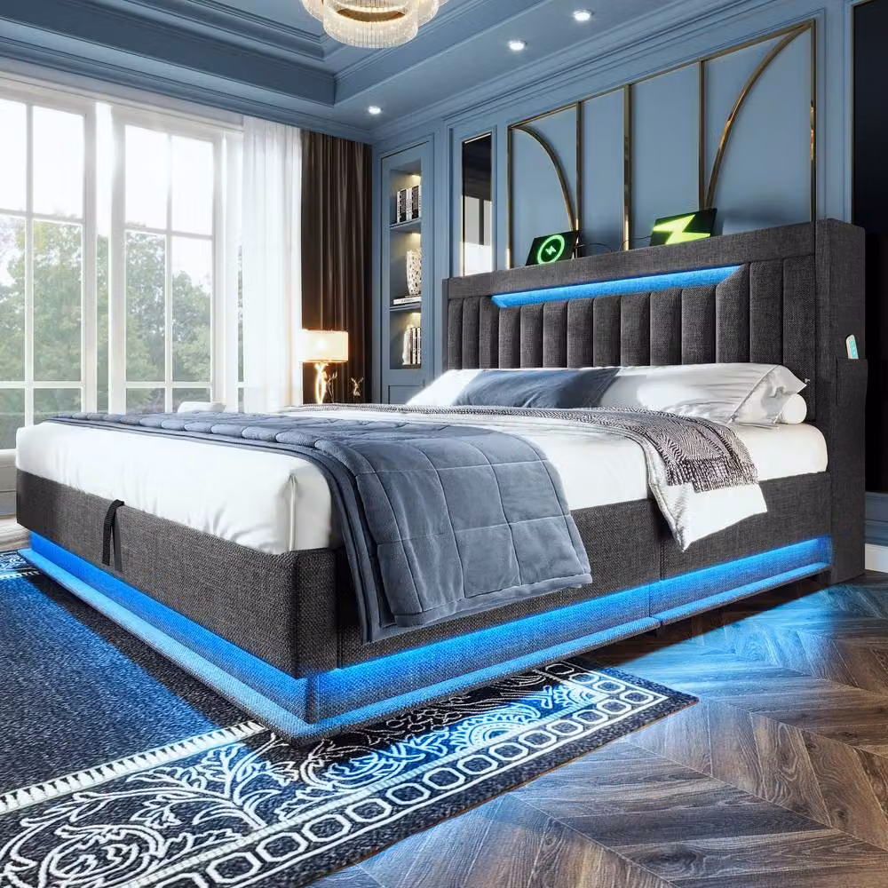 ModernLuxe Ottoman Double Storage Bed in Grey with LED Lighting, USB Charging Ports and Storage Headboard, W/D/H: 140 x 200 x 136 cm – 7
