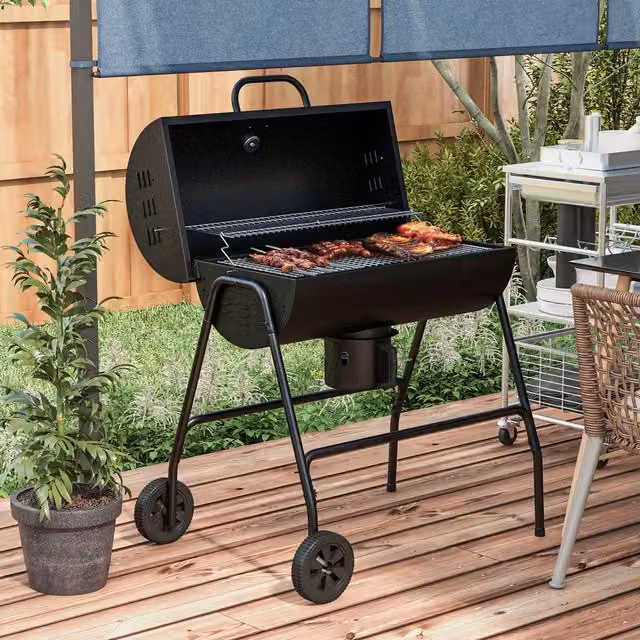 Outsunny Portable Barrel Charcoal Barbecue Grill Trolley, Black