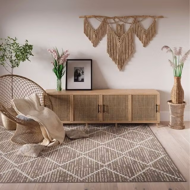 The Rug House Beige Diamond Trellis Boho Living Room Rug W: 230 cm, D: 160 cm