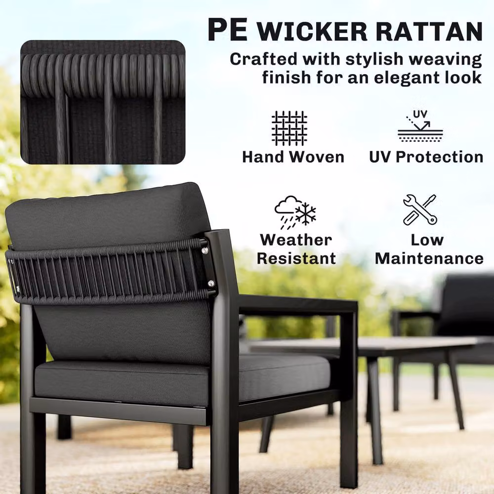 OUTSUNNY Modern Polyrattan Garden Furniture Set with Upholstered Cushions in Dark Grey – 4