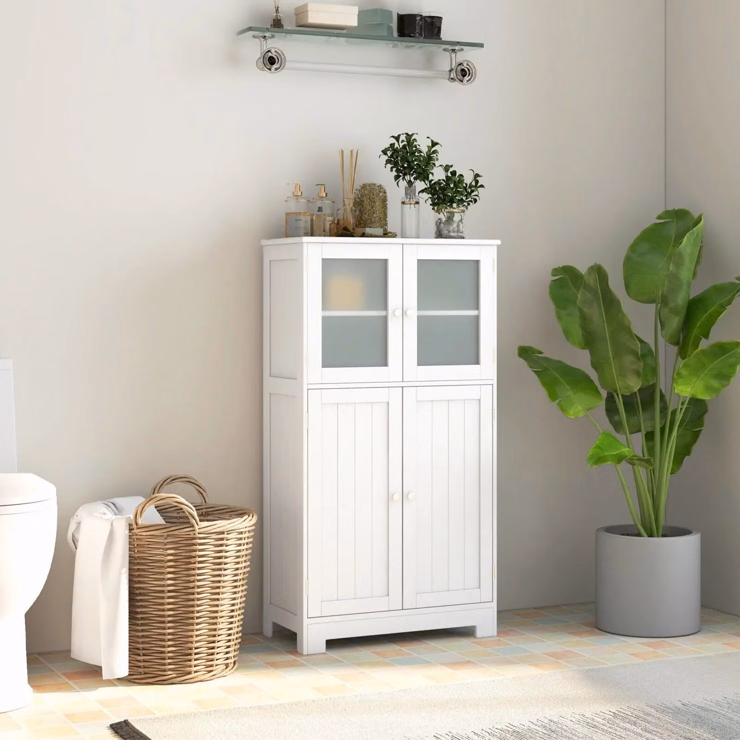 Costway White Freestanding Bathroom Floor Cabinet with 2 Tempered Glass Doors and Internal Shelves – 2