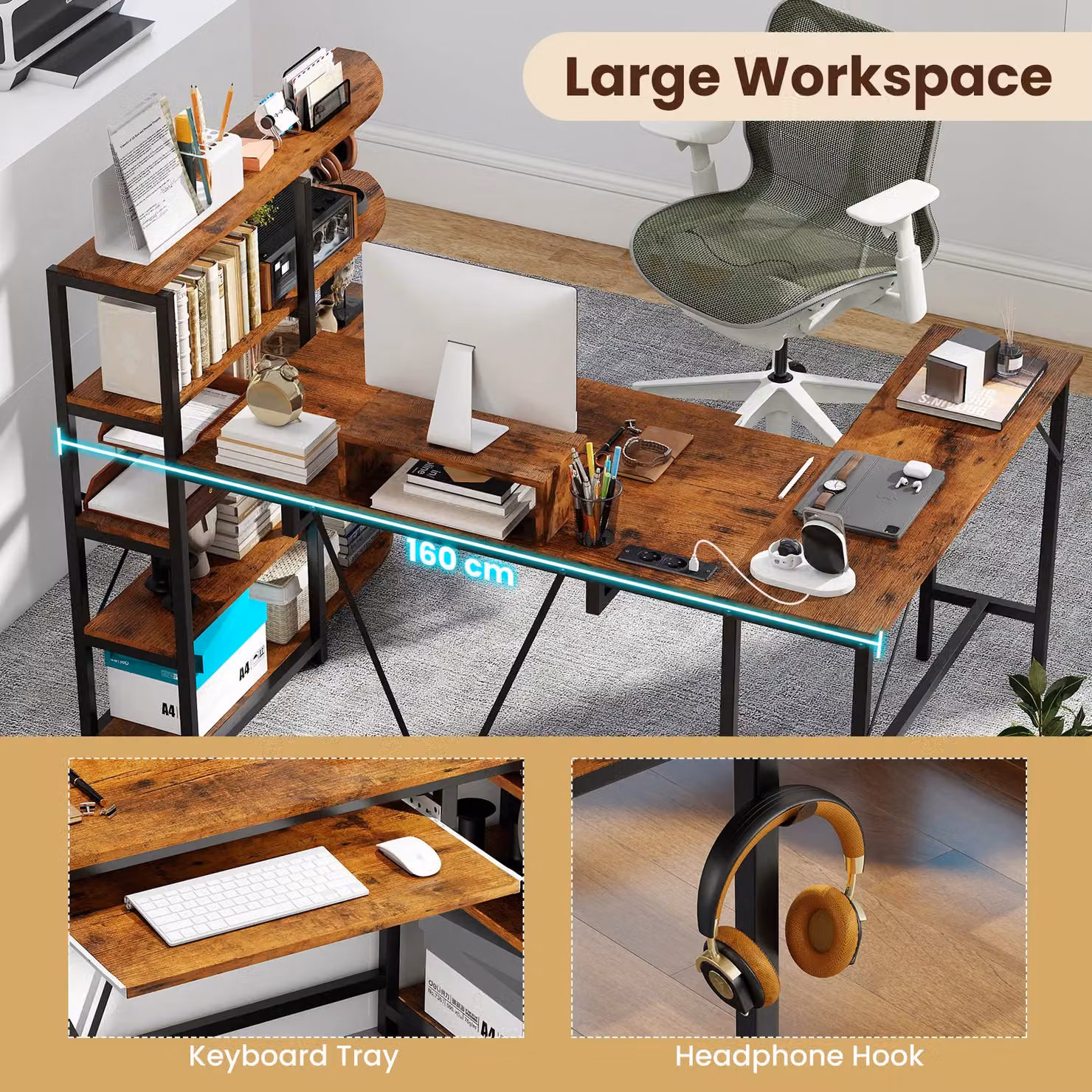 Gymax L-Shaped Corner Computer Desk with Storage Shelves in Brown – 6