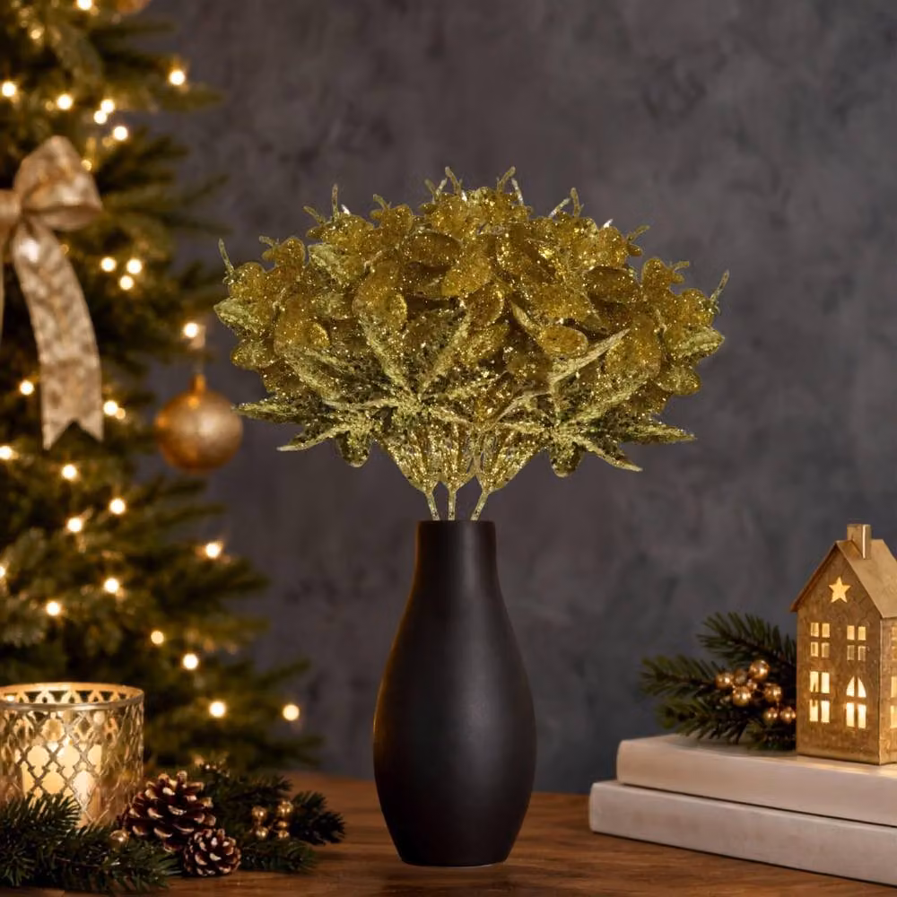 Shatchi Gold Glitter Eucalyptus and Maple Leaf Pick, 12 Pack, Height: 17 cm – 2