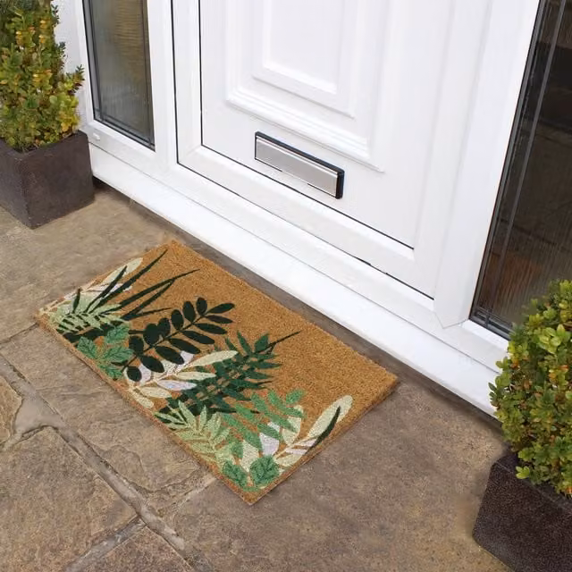 JVL Nature Floral Coir Door Mat, Brown and Green, W/D/H: 75 x 45 x 1.5 cm