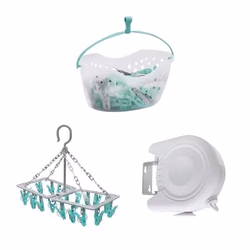 JVL Outdoor Laundry Bundle with Retractable Clothes Line, Peg Basket and Sock Dryer in White, Grey and Multicolour