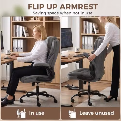 HOMCOM Grey Fabric Executive Office Chair with Flip-up Armrests and Swivel Function – 5