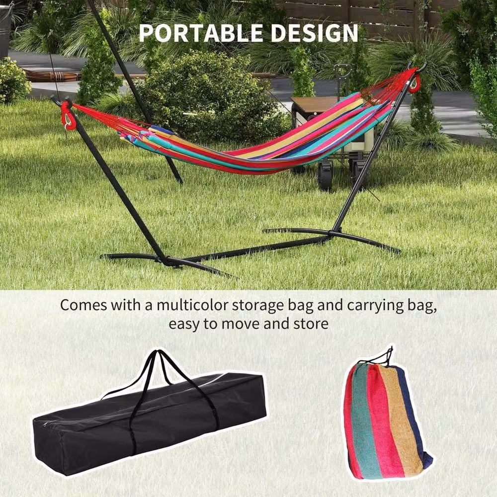 Outsunny Multicolour Striped Fabric Hammock with Stand for Adults – 3