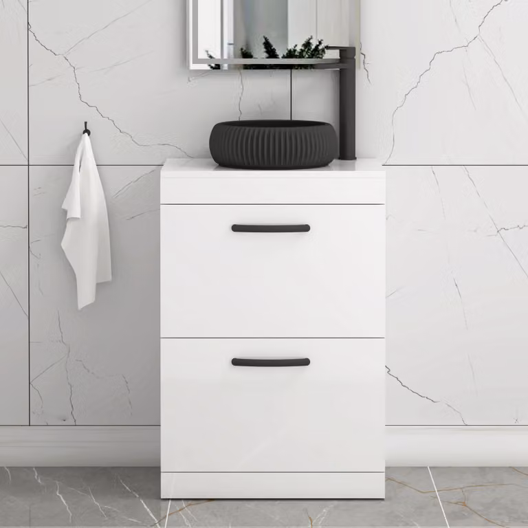 Royal Bathrooms Turin 800mm Floor Standing 2 Drawer Gloss White Vanity Unit with Milan Black Countertop Basin