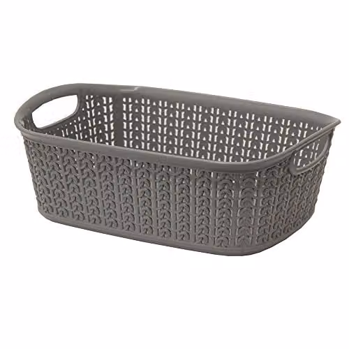 JVL Grey Open Weave Plastic Small Storage Basket with Handles, W: 20 cm, D: 27 cm, H: 10 cm
