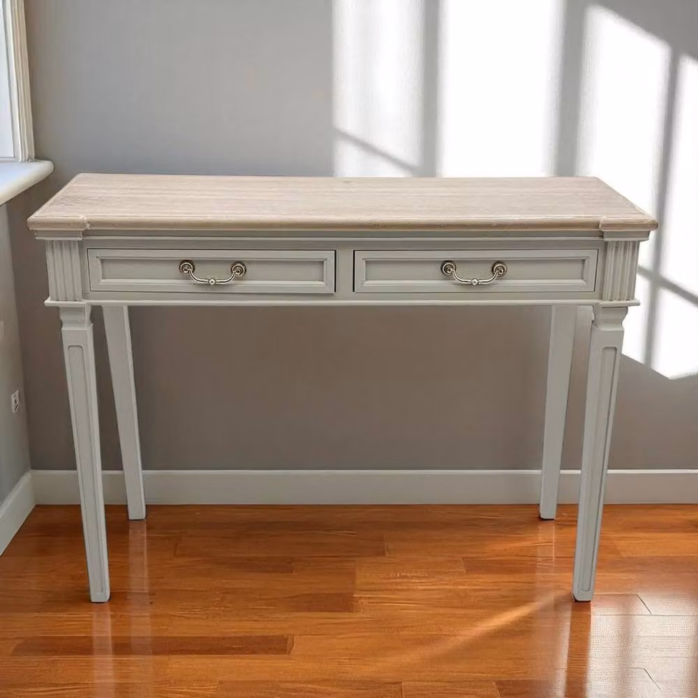 Minster 2 Drawer Wood Hall Table in Light Grey and Brown, W90 x D40 x H78 cm – 2