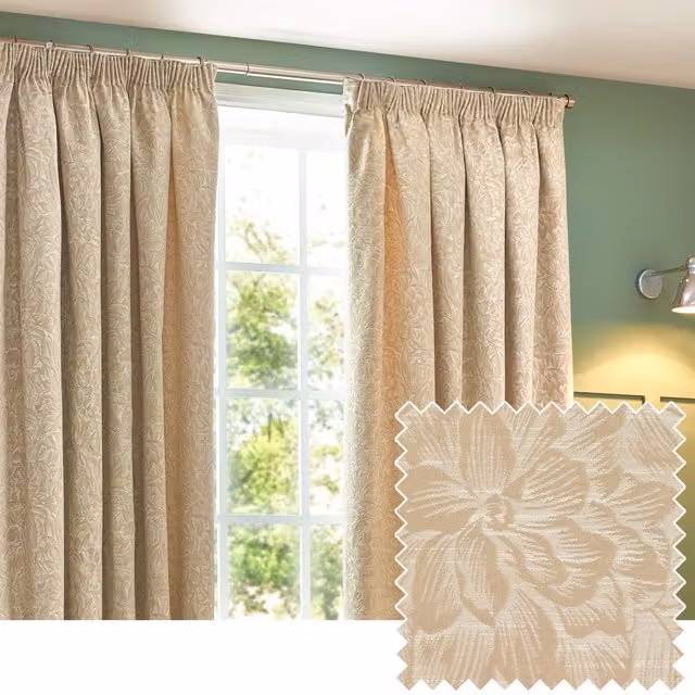 Wylder Nature Grantley Floral Jacquard Pencil Pleat Curtain Pair in Sand/Beige, Width: 117 cm, Drop: 183 cm – 1