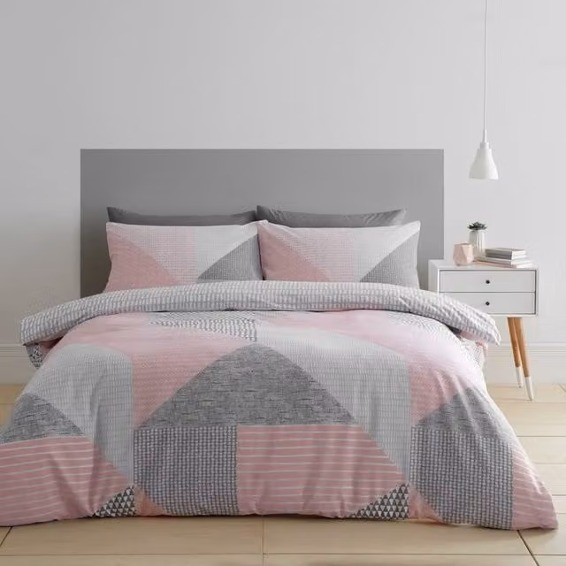 Catherine Lansfield Larsson Geo Reversible Duvet Cover Bedding Set in Pink and Grey