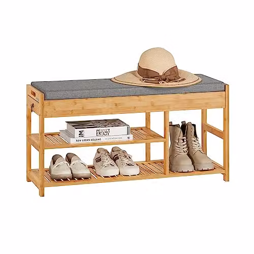 SoBuy Bamboo Shoe Rack and Hallway Bench with Grey Fabric Seat Cushion in Brown – 2