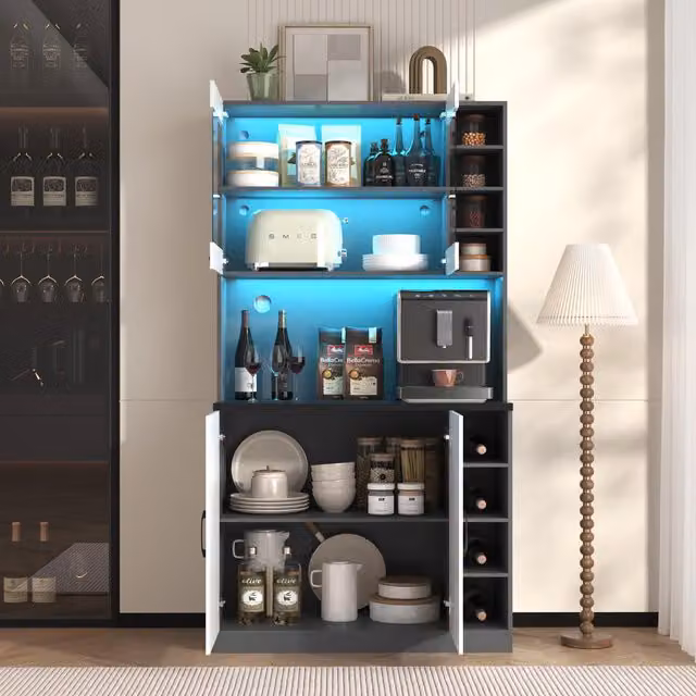 Aosom UK Tall Kitchen Cupboard with LED Lighting and Glass Doors, White and Grey, W: 47 cm, D: 47 cm, H: 187 cm – 1
