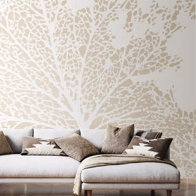 Origin Murals Skeleton Leaf Floral Wall Mural in Natural Linen, Beige and Yellow, 350cm